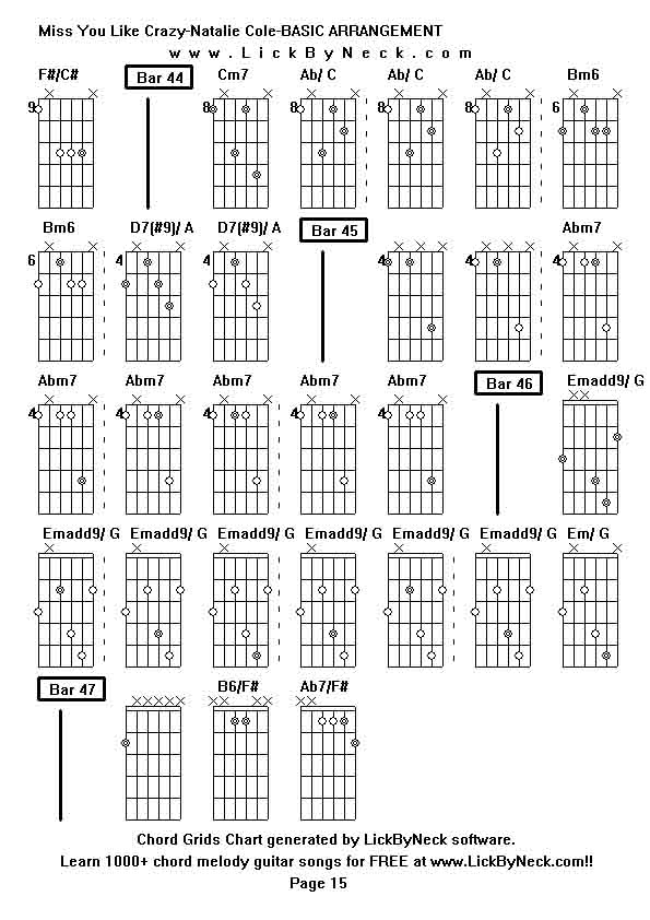 Chord Grids Chart of chord melody fingerstyle guitar song-Miss You Like Crazy-Natalie Cole-BASIC ARRANGEMENT,generated by LickByNeck software.